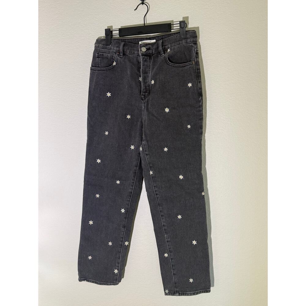 PacSDaisy Print Button Fly Mom Jeans Women’s Black Washed Denim Cropped Jeans - Picture 2 of 8